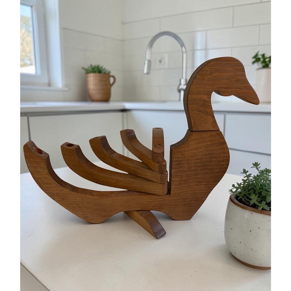 Vtg 60s Folding Wood Candle Holder Bird Swan Duck Wooden Candelabra Folk Danish